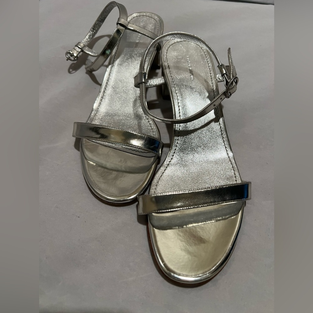 Mansur Gavriel Silver Leather Ankle Strap Heel Sandals Metallic size 9.5 - Picture 10 of 14